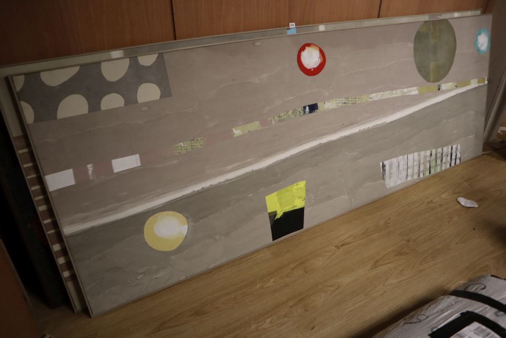 Three large contemporary oil on canvas abstract panels, pair overall height 106 x 284cm and one overall 104 x 201cm